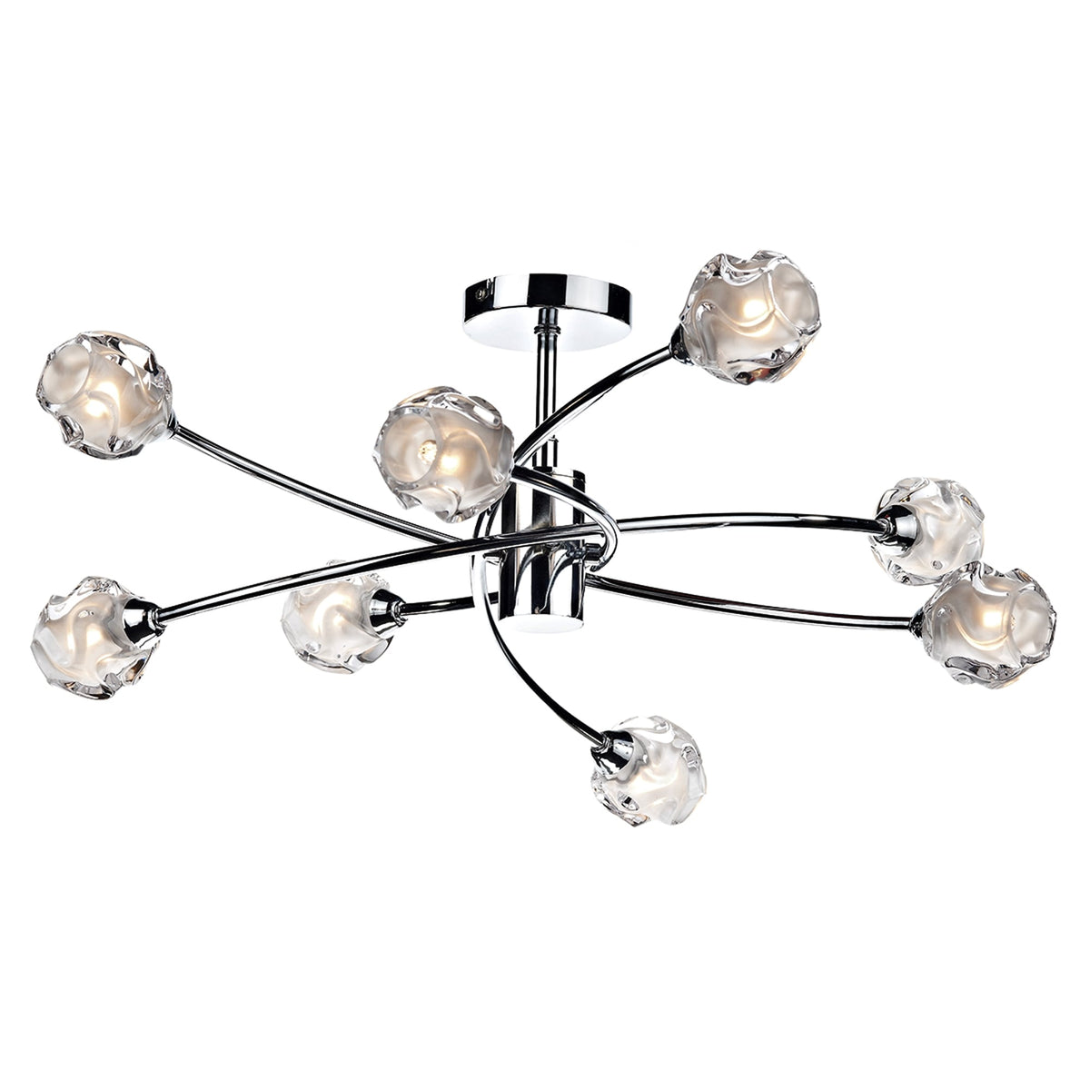 Chrome ceiling light with nine clear, textured glass shades, each containing a glowing bulb.