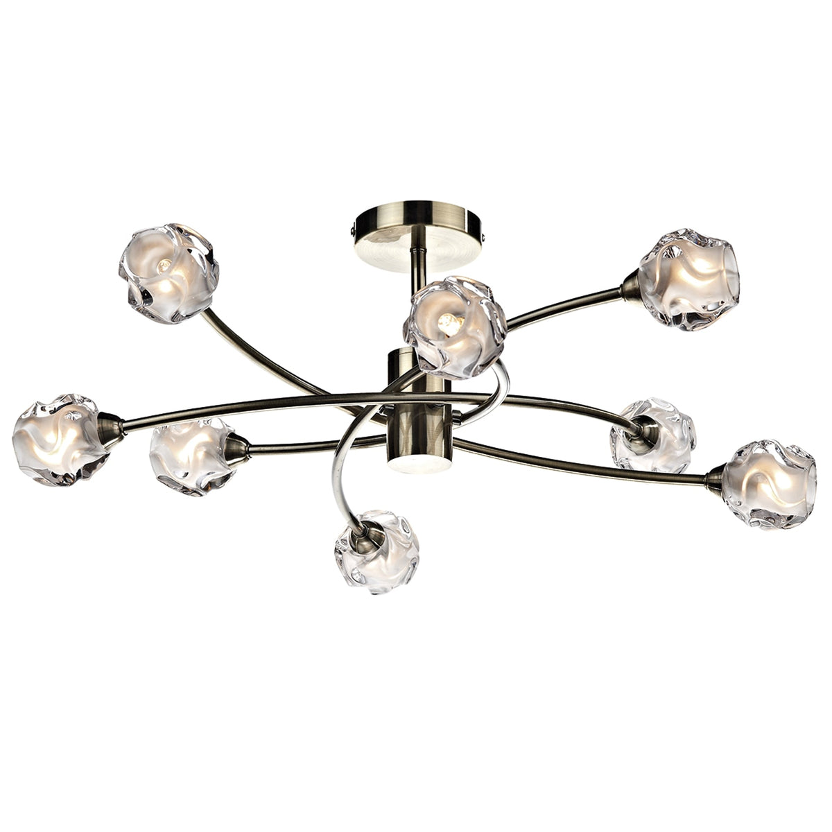 Modern ceiling light with eight wavy glass shades and a bronze finish on a white background.