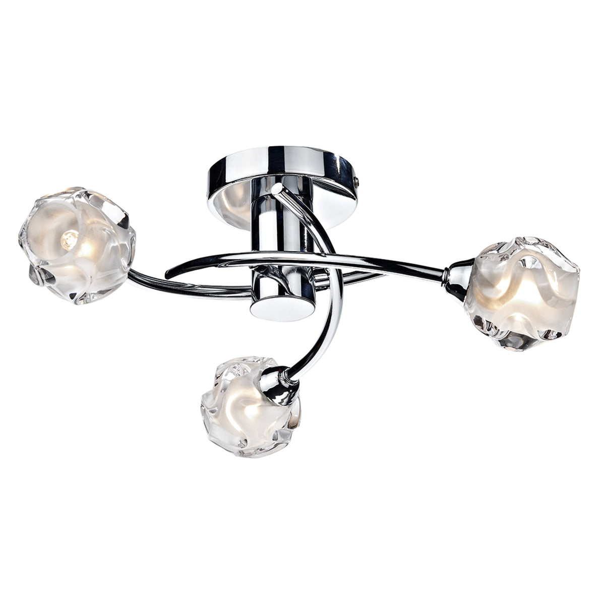 A chrome three-arm ceiling light fixture with decorative glass shades.