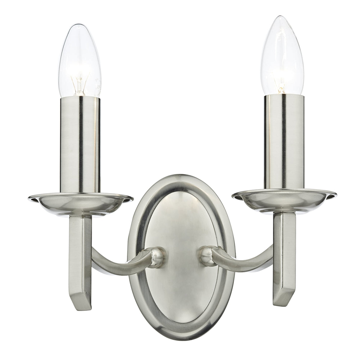 Brushed nickel wall sconce with two candle-style bulbs on a white background.