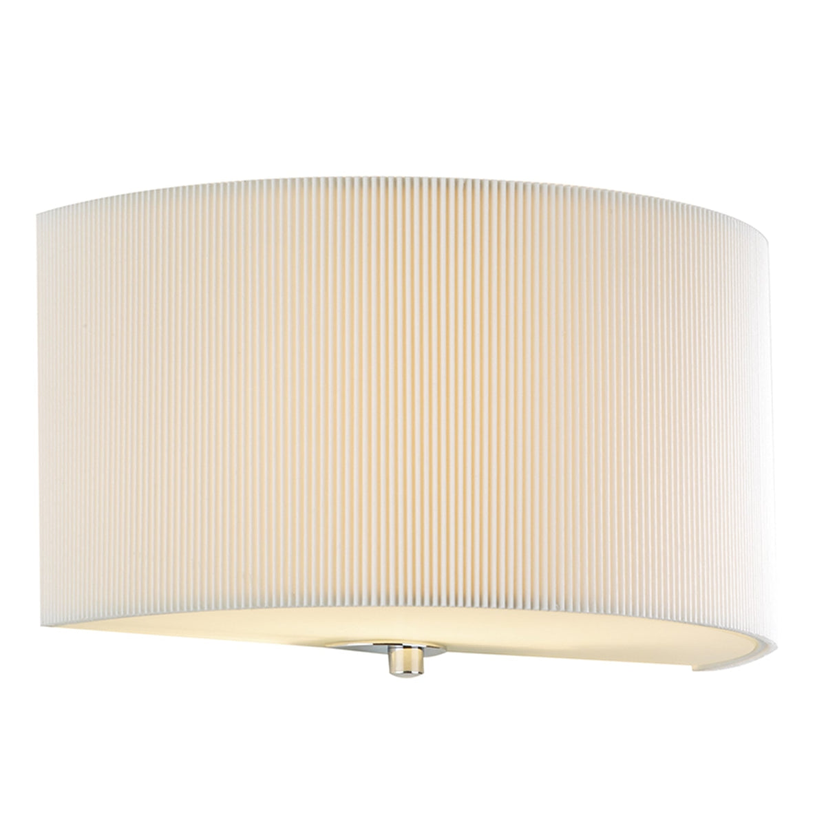 Half-round wall sconce with a pleated, off-white fabric shade and a polished chrome finial.