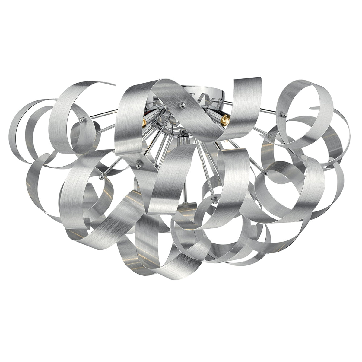 Modern ceiling light fixture with swirling silver ribbons and exposed bulbs.