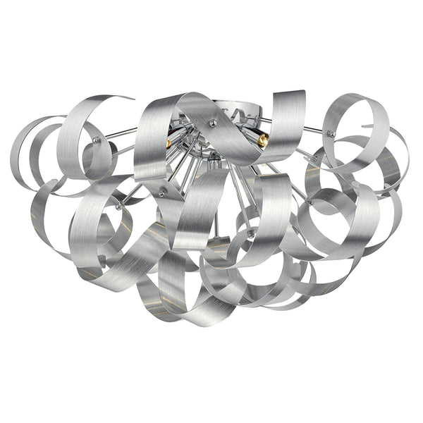Modern ceiling light fixture with swirling silver ribbons and exposed bulbs.