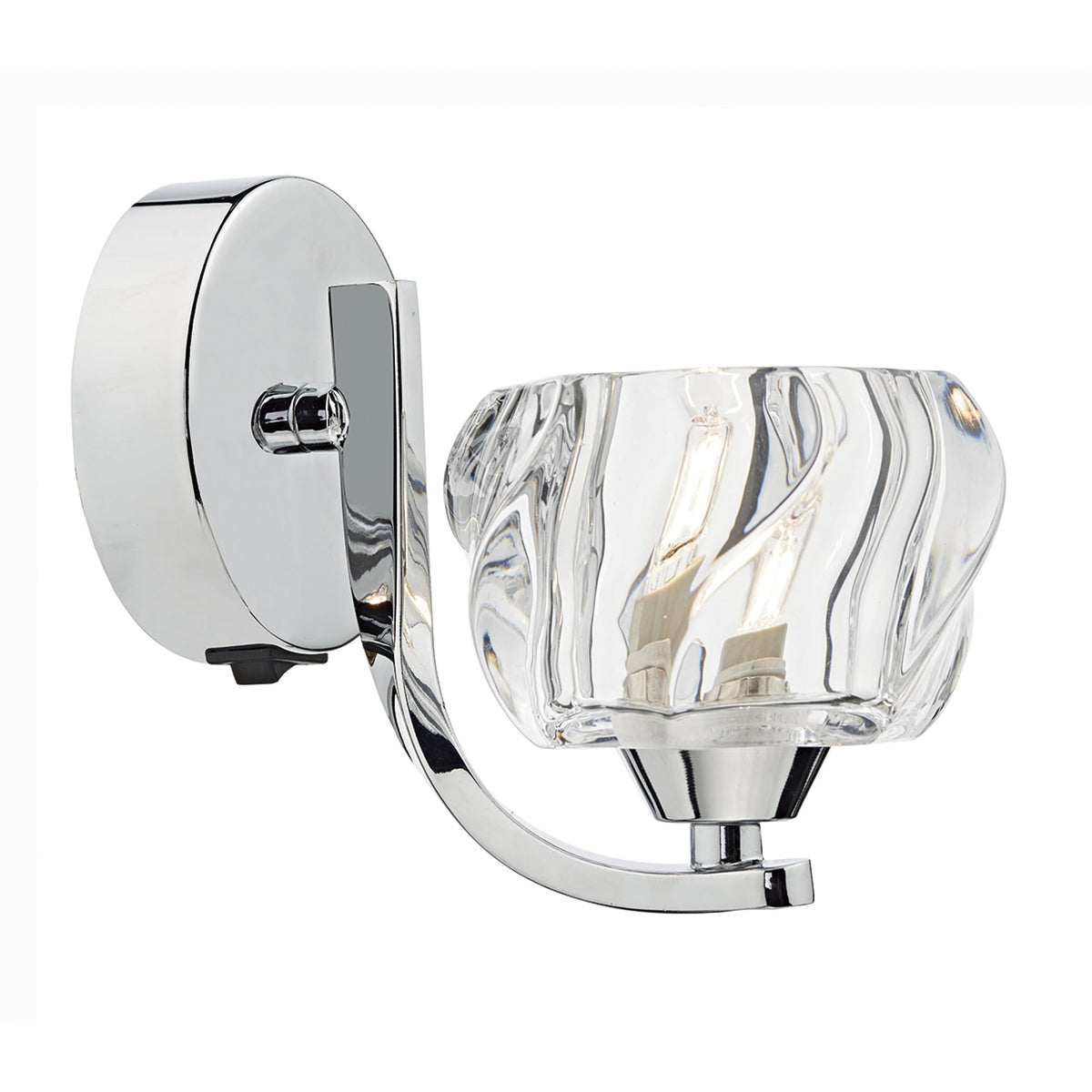 Chrome wall light with a clear, textured glass shade and exposed bulb.