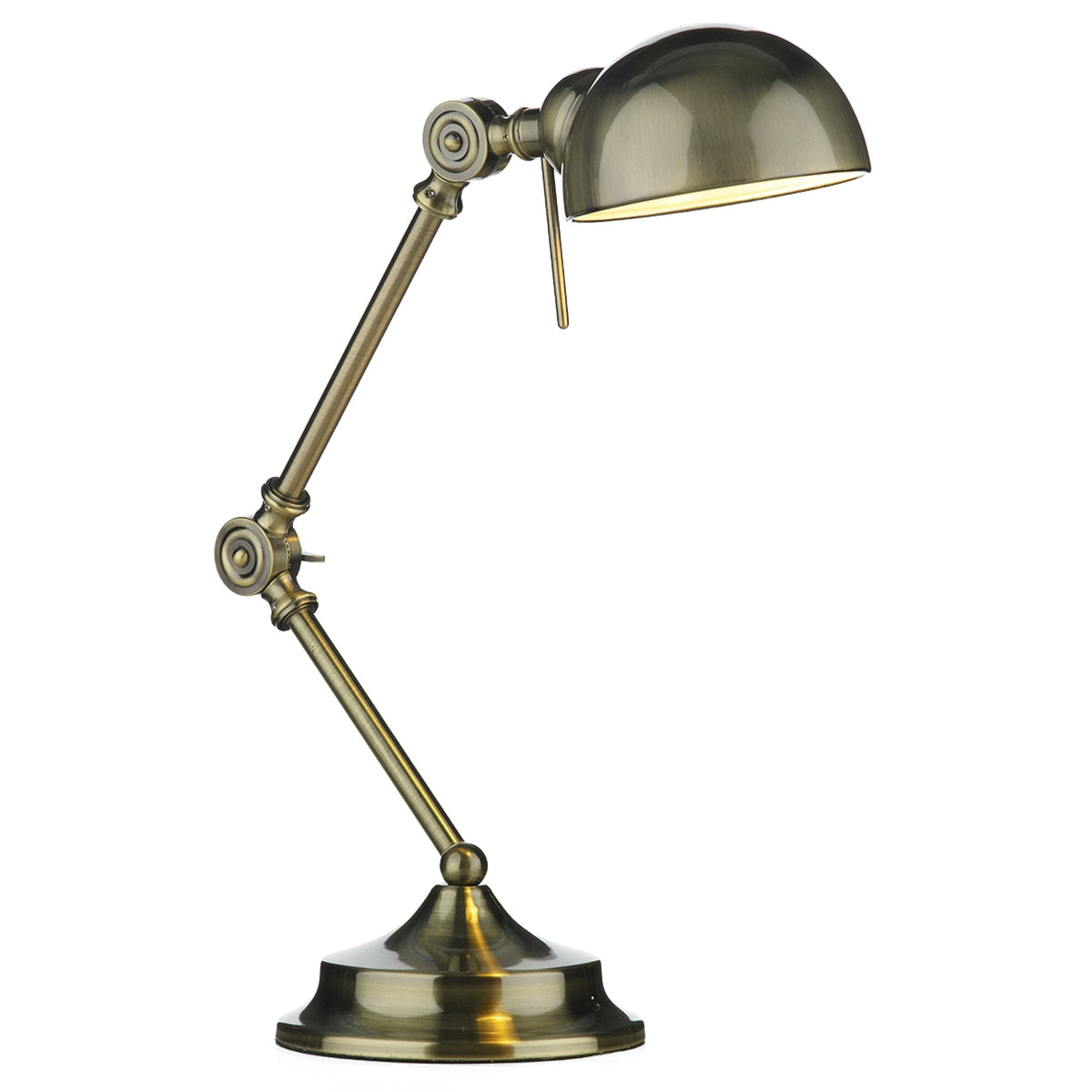 A brass desk lamp with an adjustable arm and a dome-shaped shade.