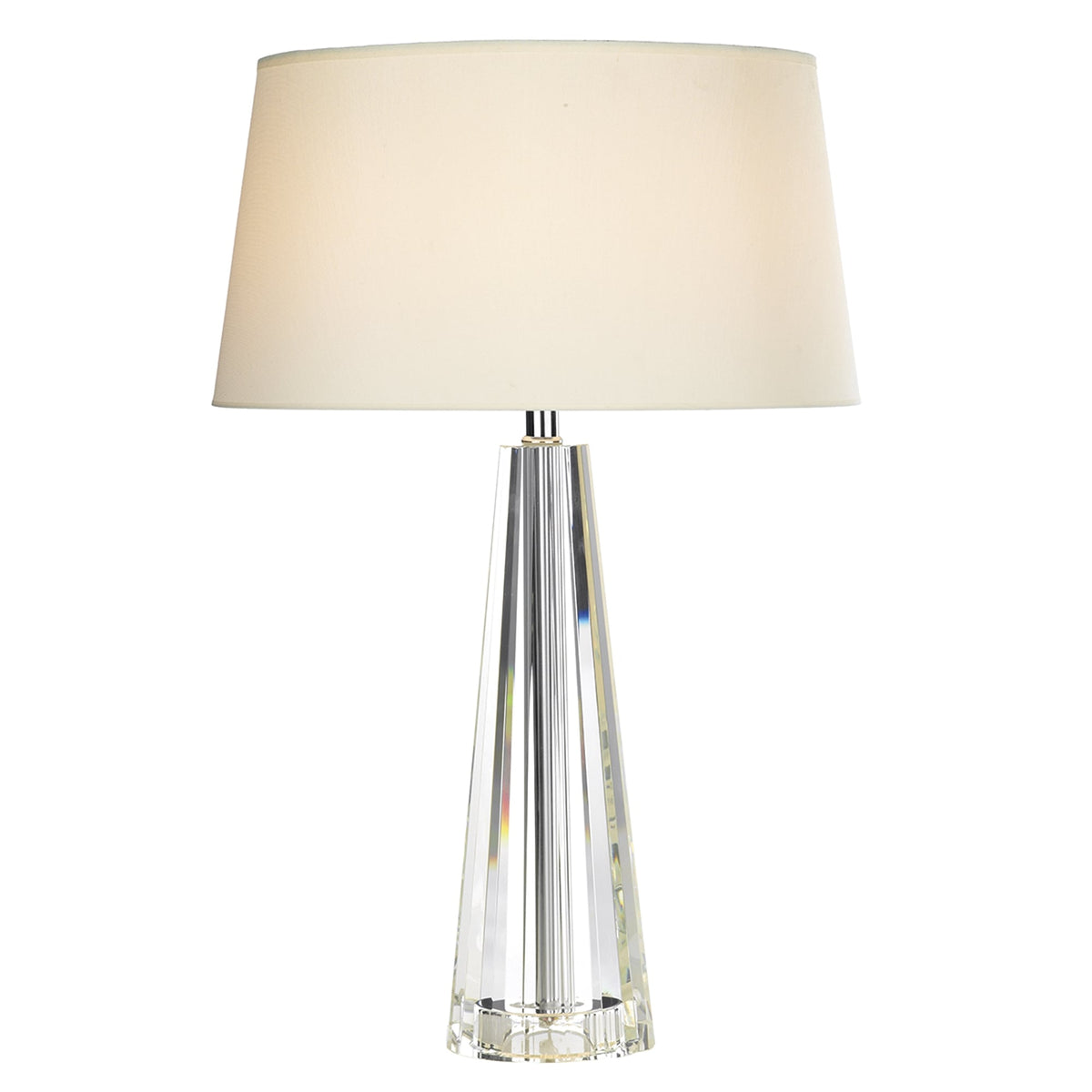 Elegant table lamp with a clear faceted crystal base and a cream-colored fabric shade.