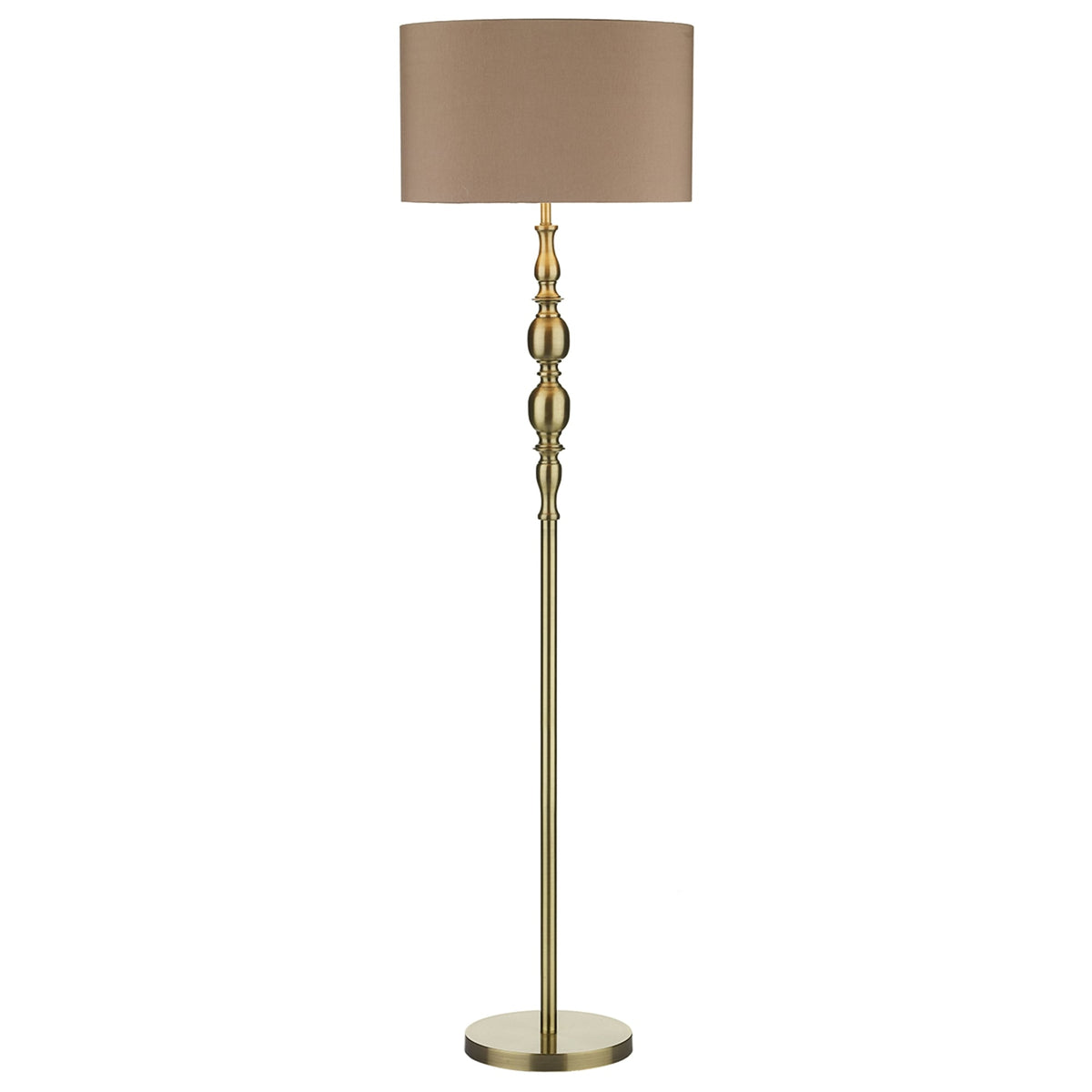 A contemporary floor lamp with a tall brass stand and a beige drum shade.