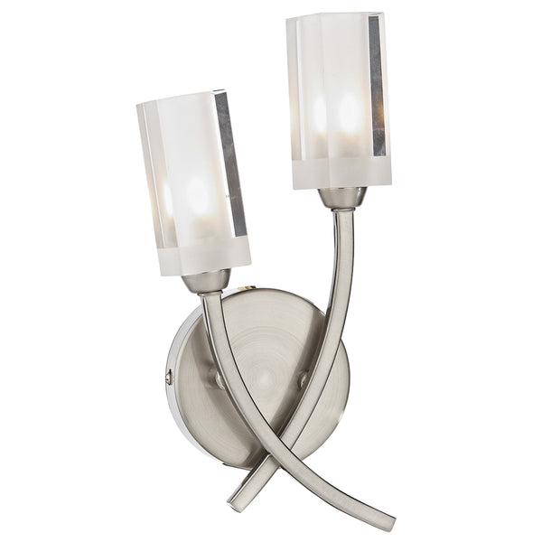 A modern brushed steel wall light with two curved arms and frosted glass shades.