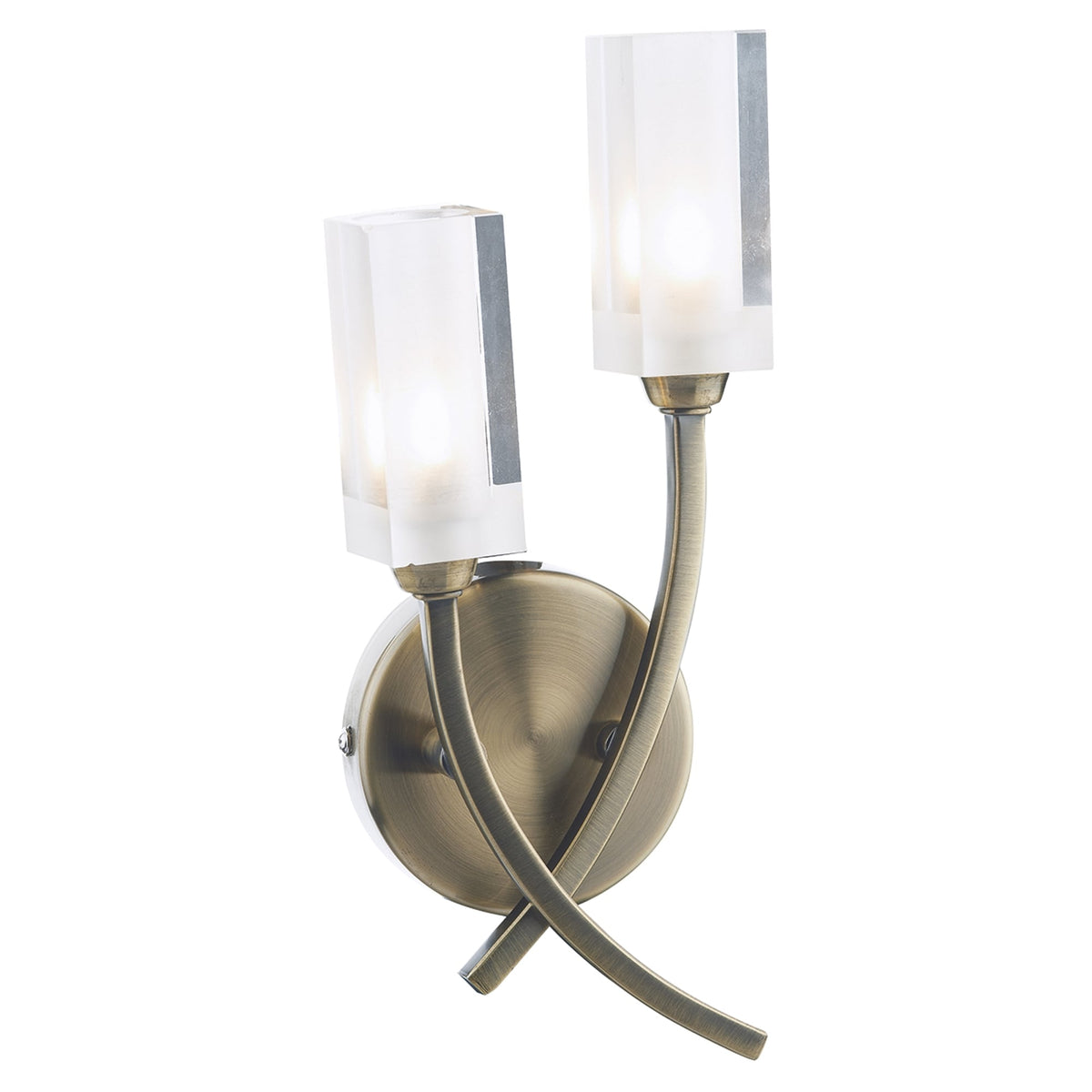 Two-light wall sconce with frosted glass shades and an antique brass finish.