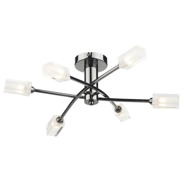 A modern chrome ceiling light with six adjustable arms and rectangular frosted glass shades.