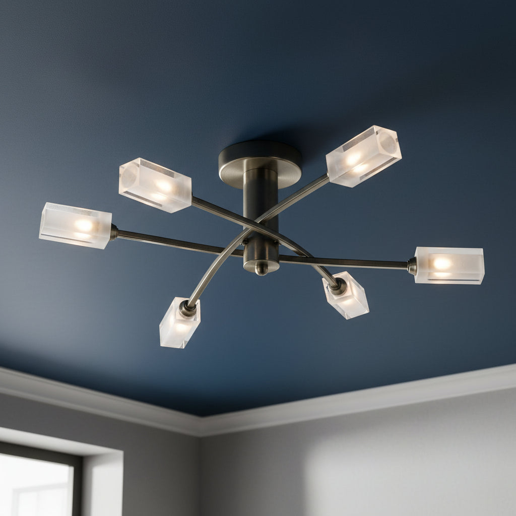 Bronze ceiling light with six clear rectangular shades, each containing a glowing bulb.