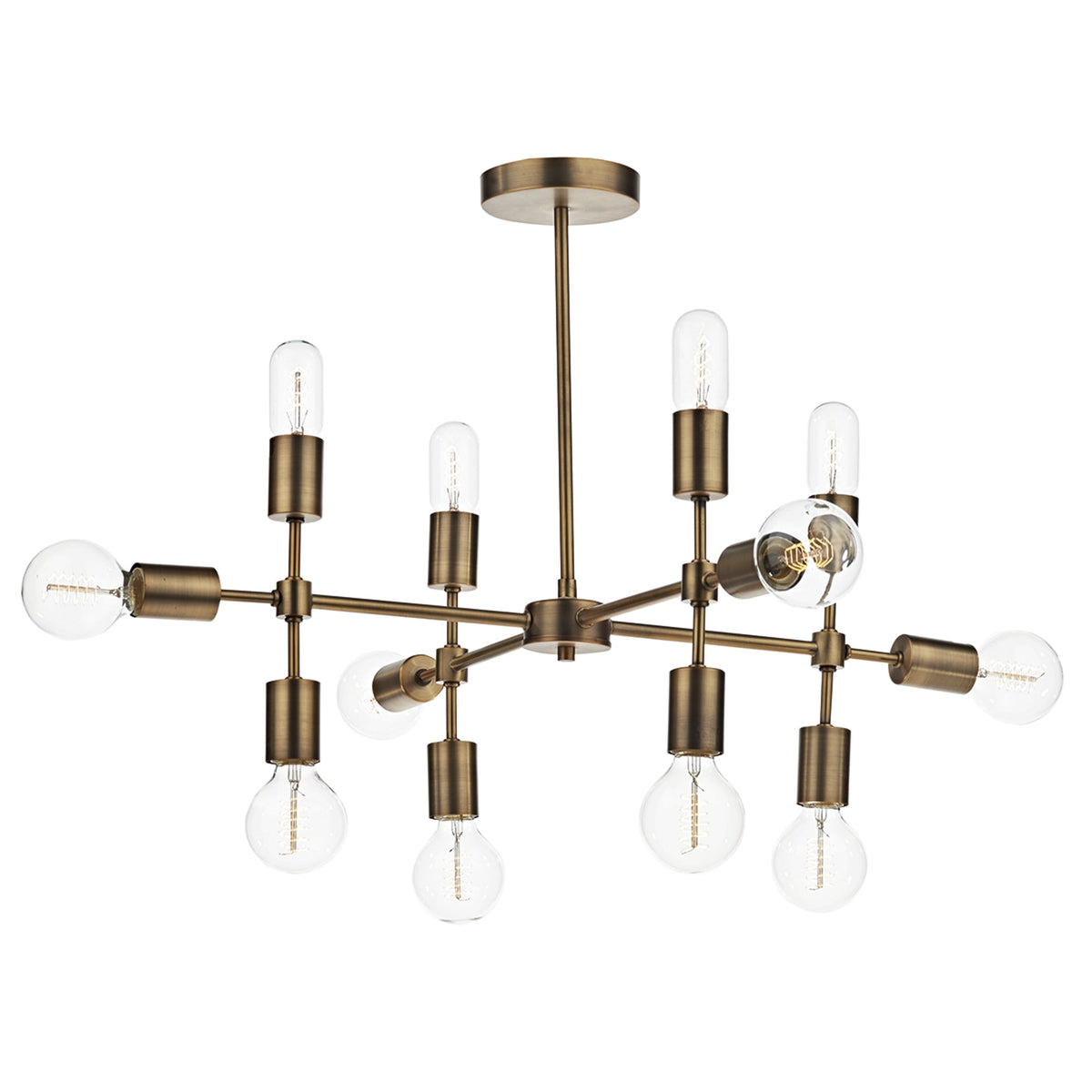 A modern, brass-coloured chandelier with multiple exposed bulbs extending from a central hub.