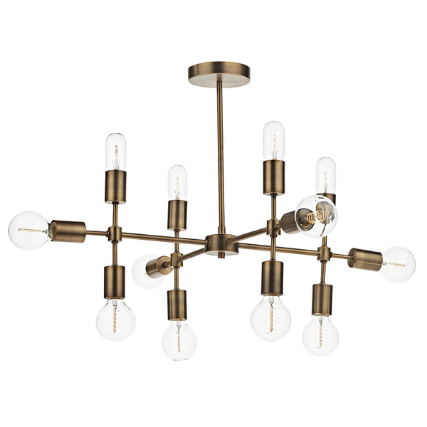 A modern, brass-coloured chandelier with multiple exposed bulbs extending from a central hub.