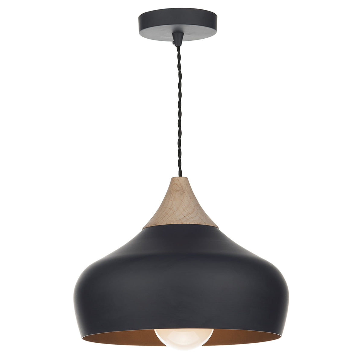 Black pendant light with a natural wood top and a visible bulb, hanging from a black cord.