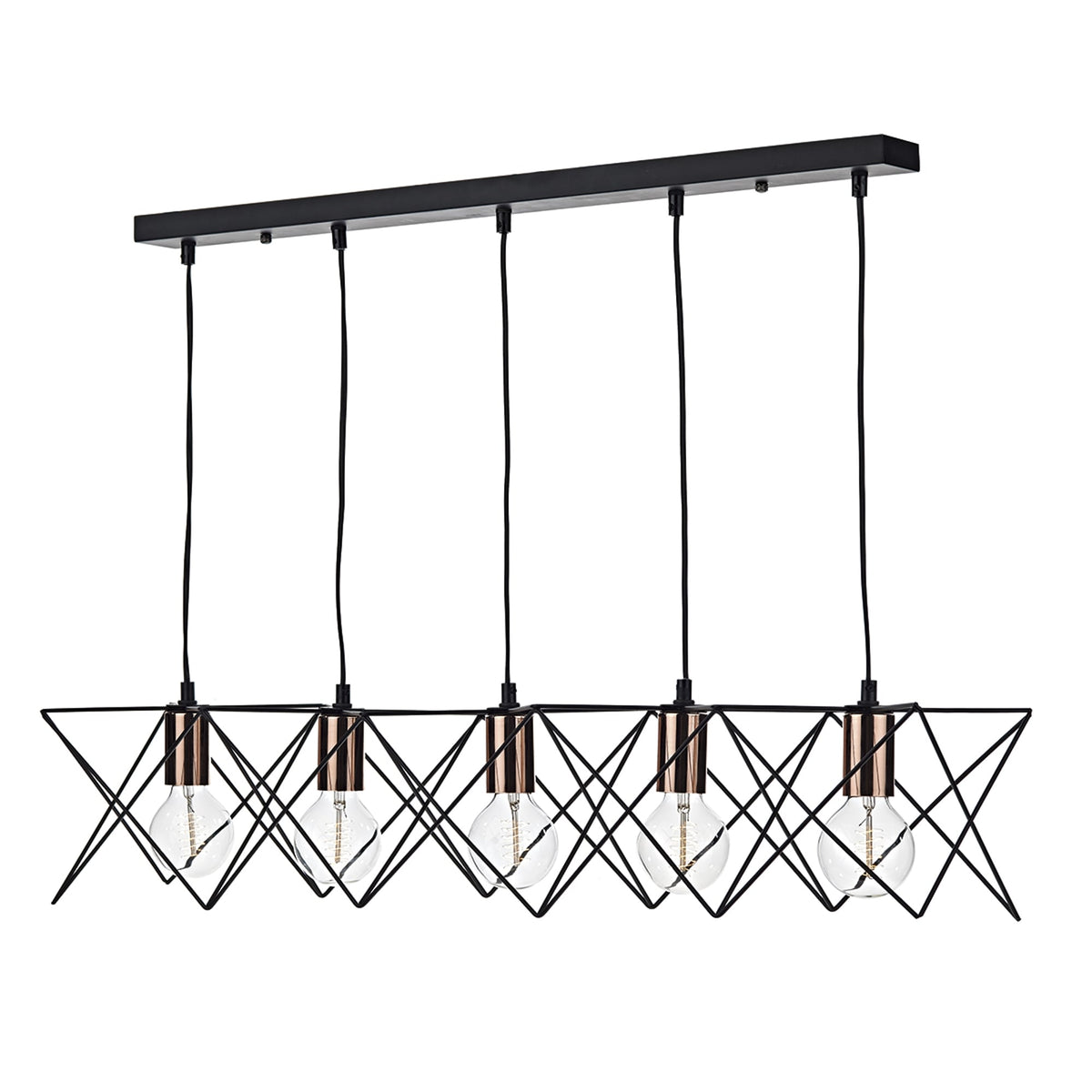 A black pendant light with five exposed bulbs and geometric cages against a white background.