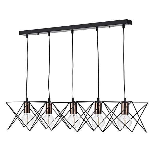A black pendant light with five exposed bulbs and geometric cages against a white background.