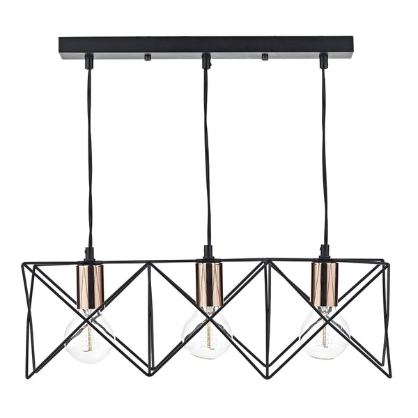 Midi Triple Light Bar Pendant in Matt Black and Copper