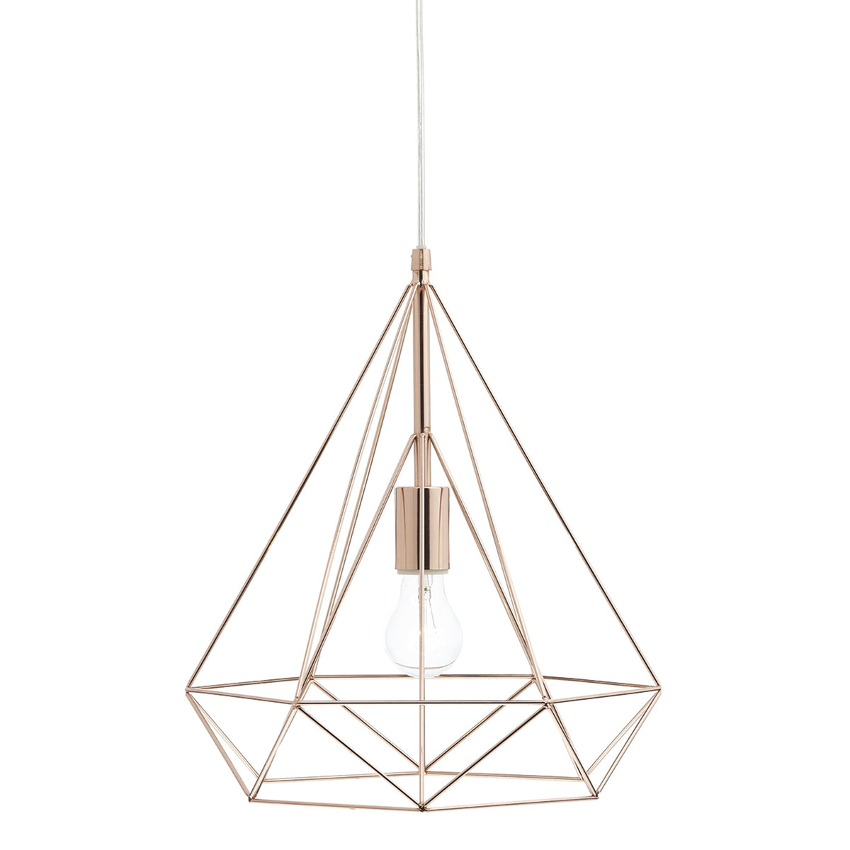 Rose gold geometric pendant light with an exposed bulb on a white background.