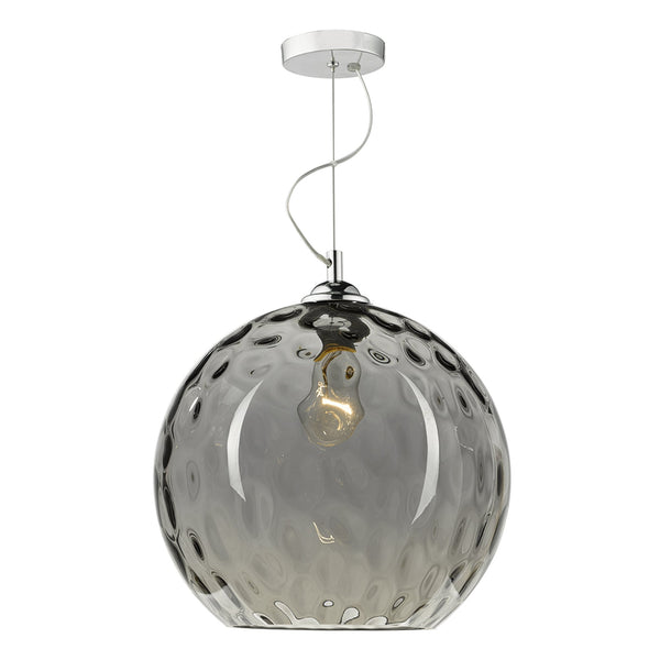 A hammered glass globe pendant light with a grey finish and a single exposed bulb.