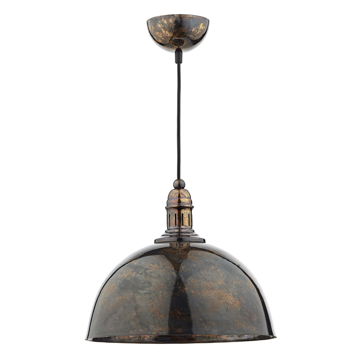 Distressed bronze pendant light with a dome-shaped shade and a black cord.