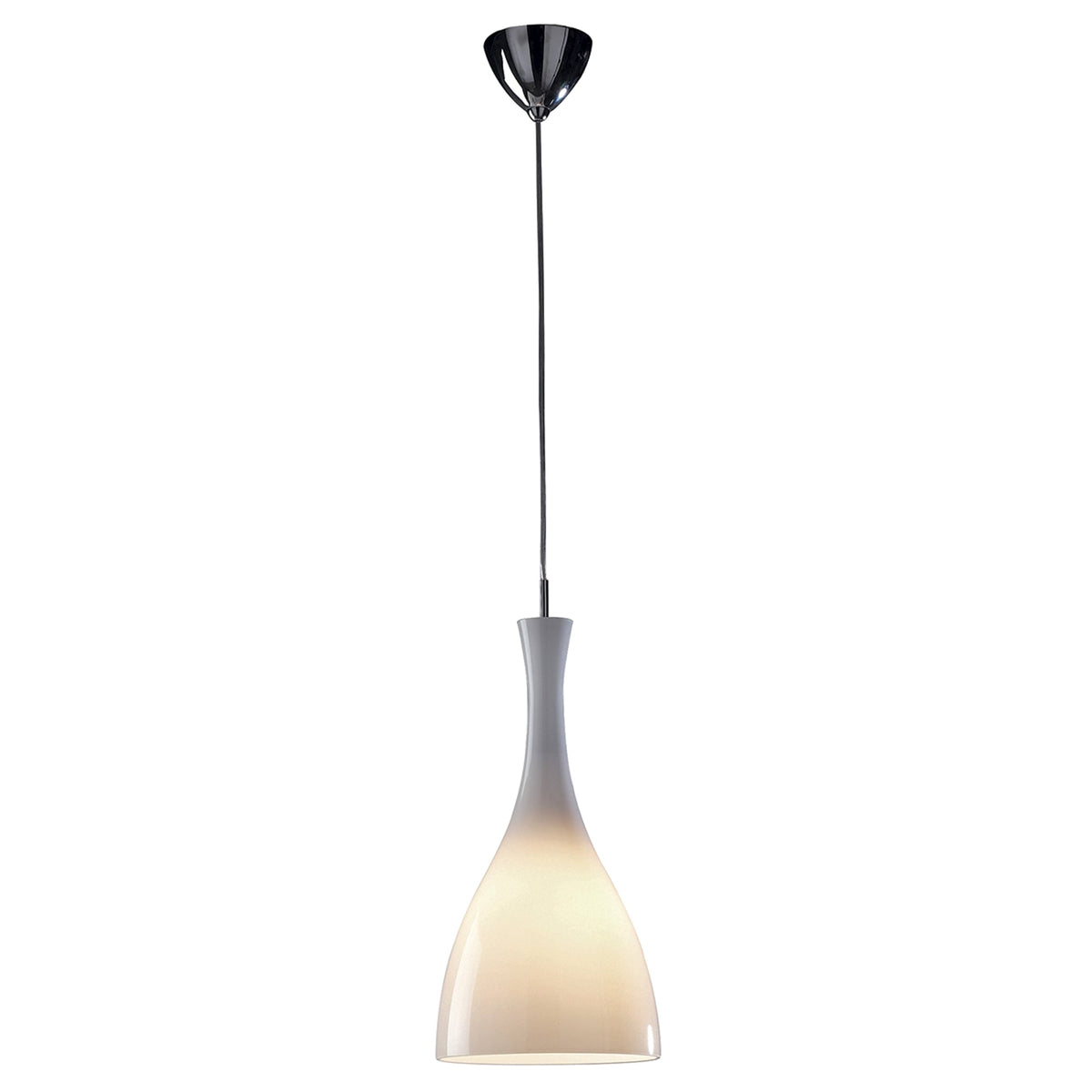 Modern pendant light with a white, bell-shaped shade and a chrome ceiling mount.