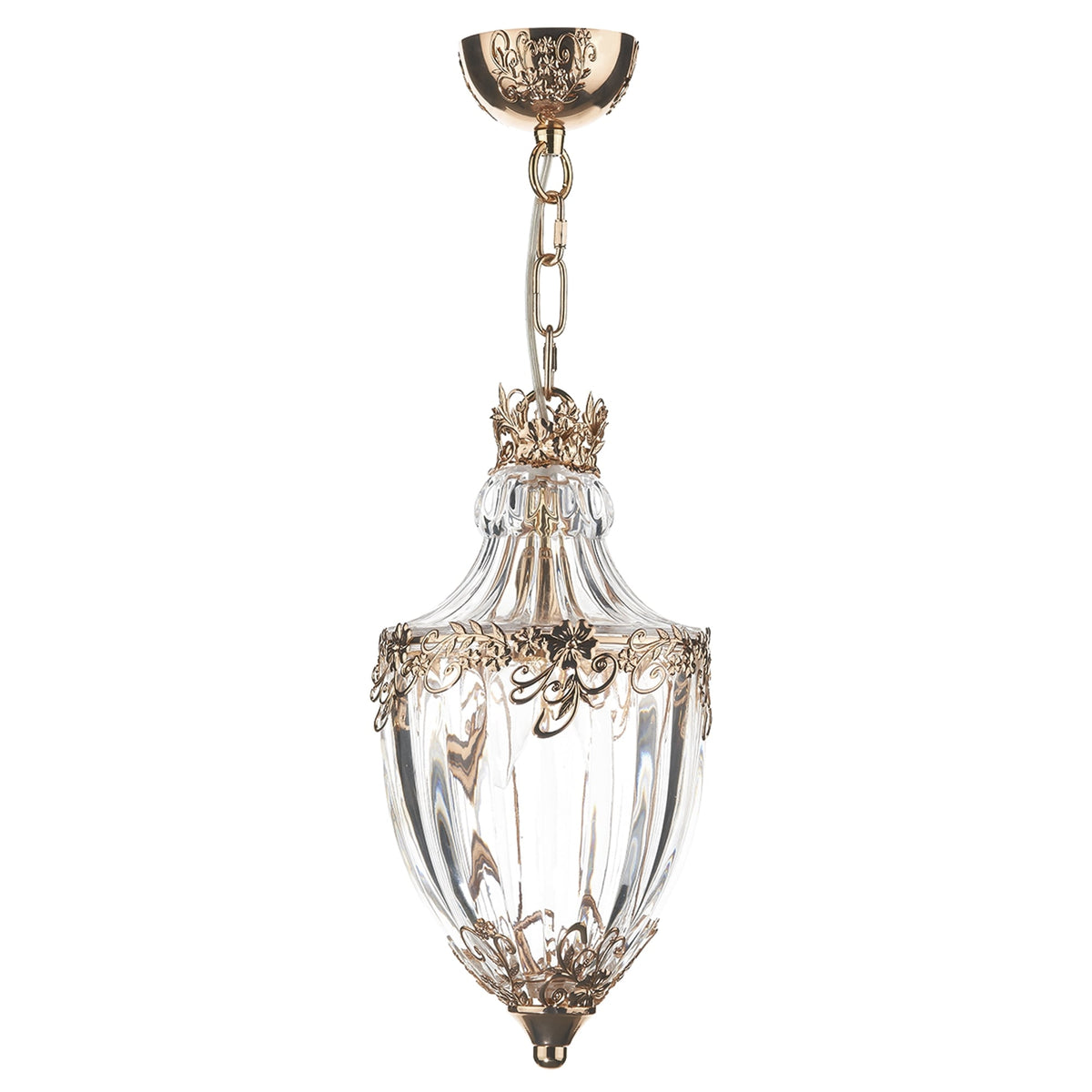Ornate gold and clear glass pendant light with decorative metalwork.