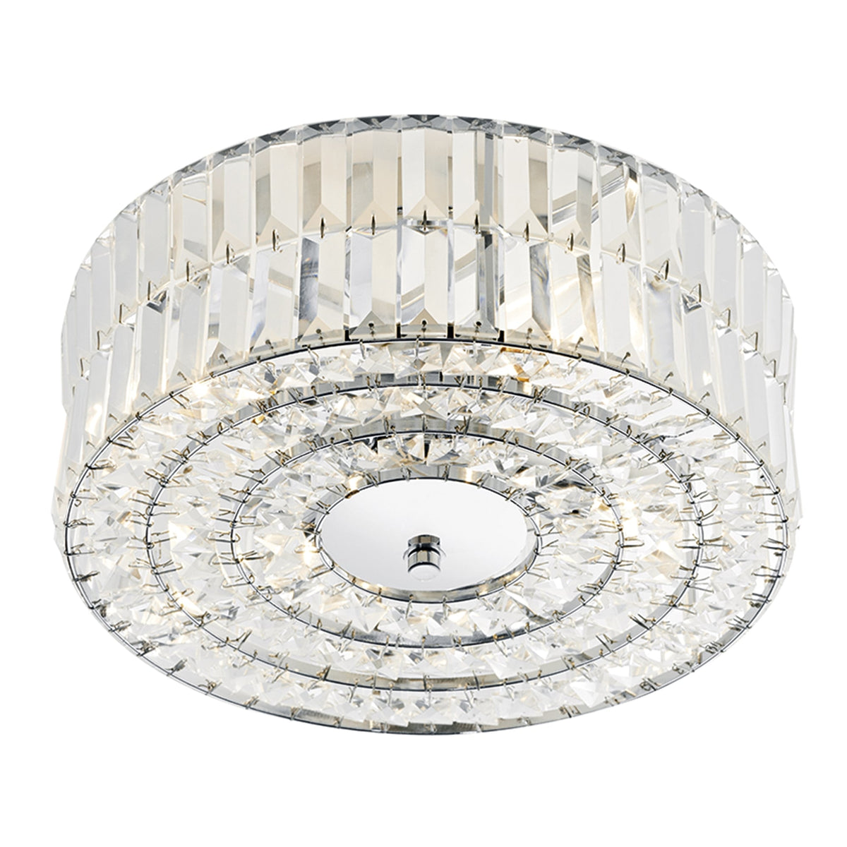 Round crystal flush mount light fixture with two tiers of clear rectangular crystals and three inner rings of smaller crystals.