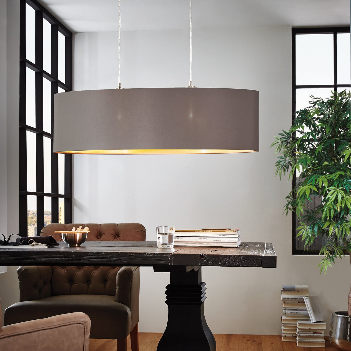 Maserlo Oval Cappucino and Gold Fabric Pendant Light