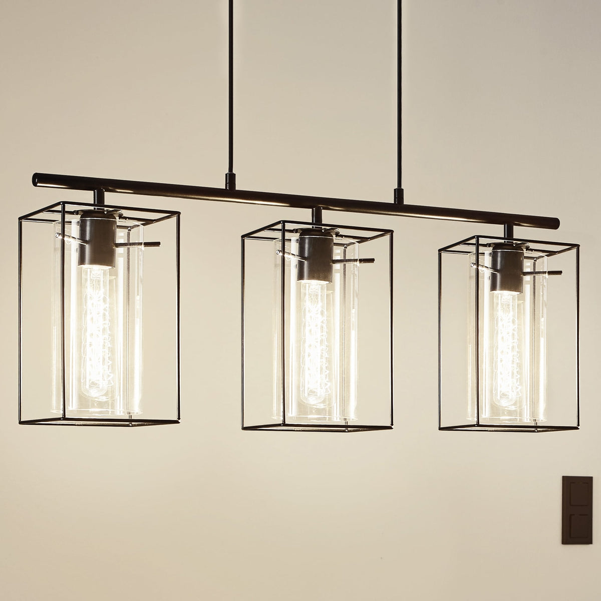 Loncino Triple Pendant Light in Black Steel and Smoked Glass