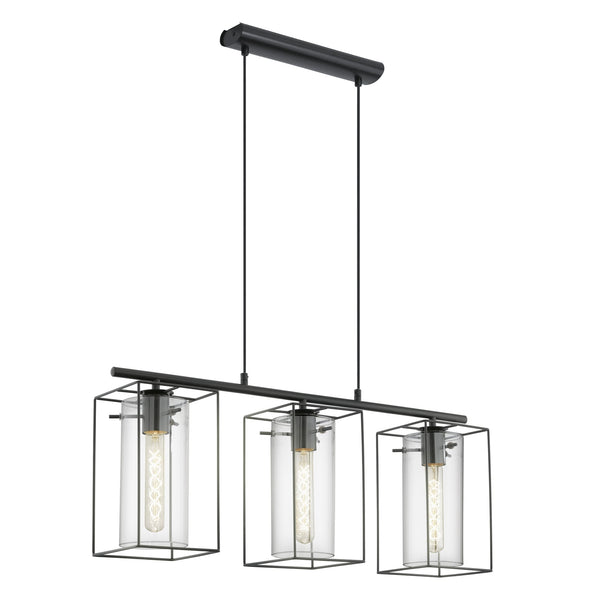 Loncino Triple Pendant Light in Black Steel and Smoked Glass