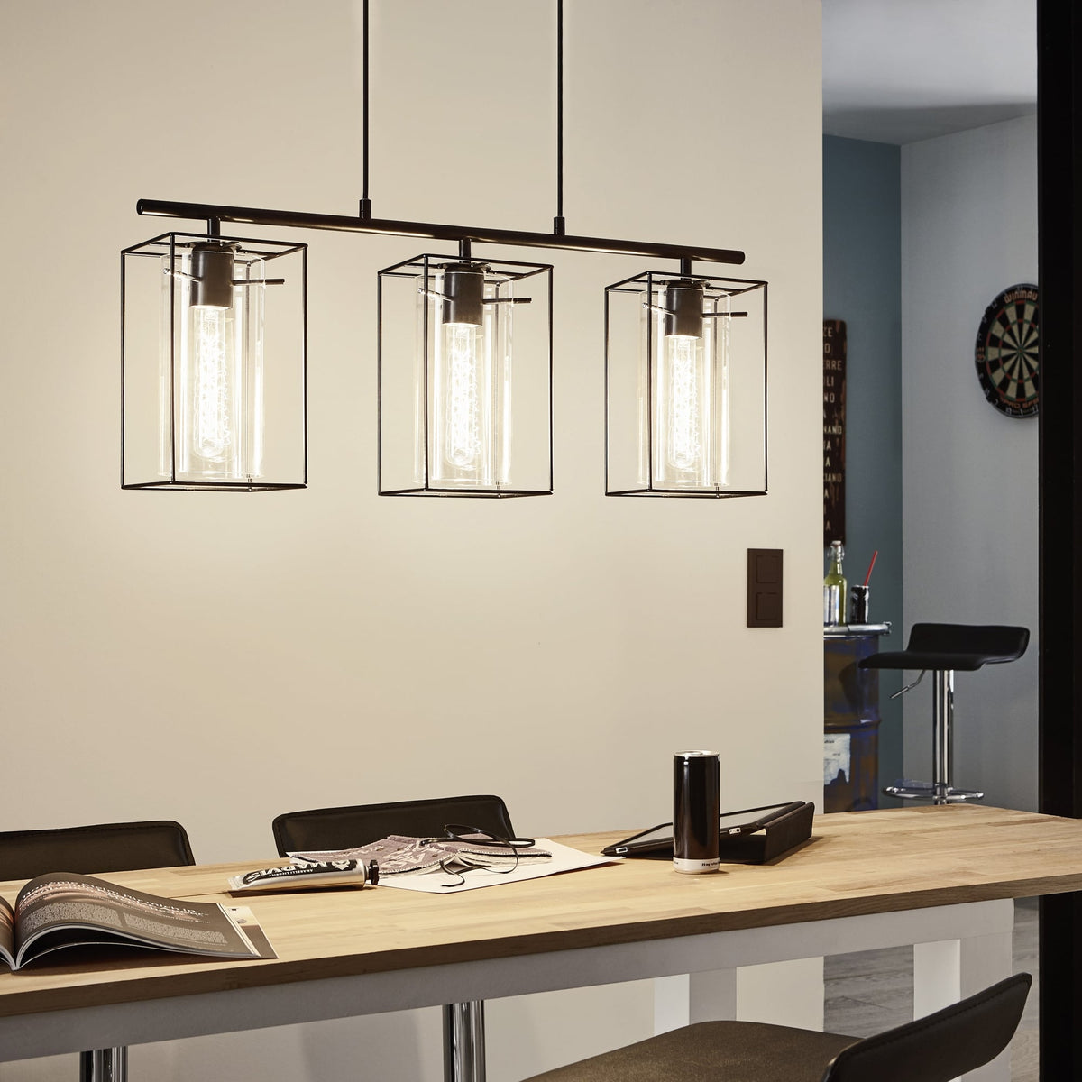 Loncino Triple Pendant Light in Black Steel and Smoked Glass