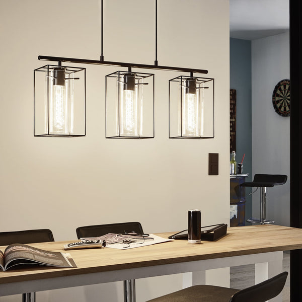 Loncino Triple Pendant Light in Black Steel and Smoked Glass