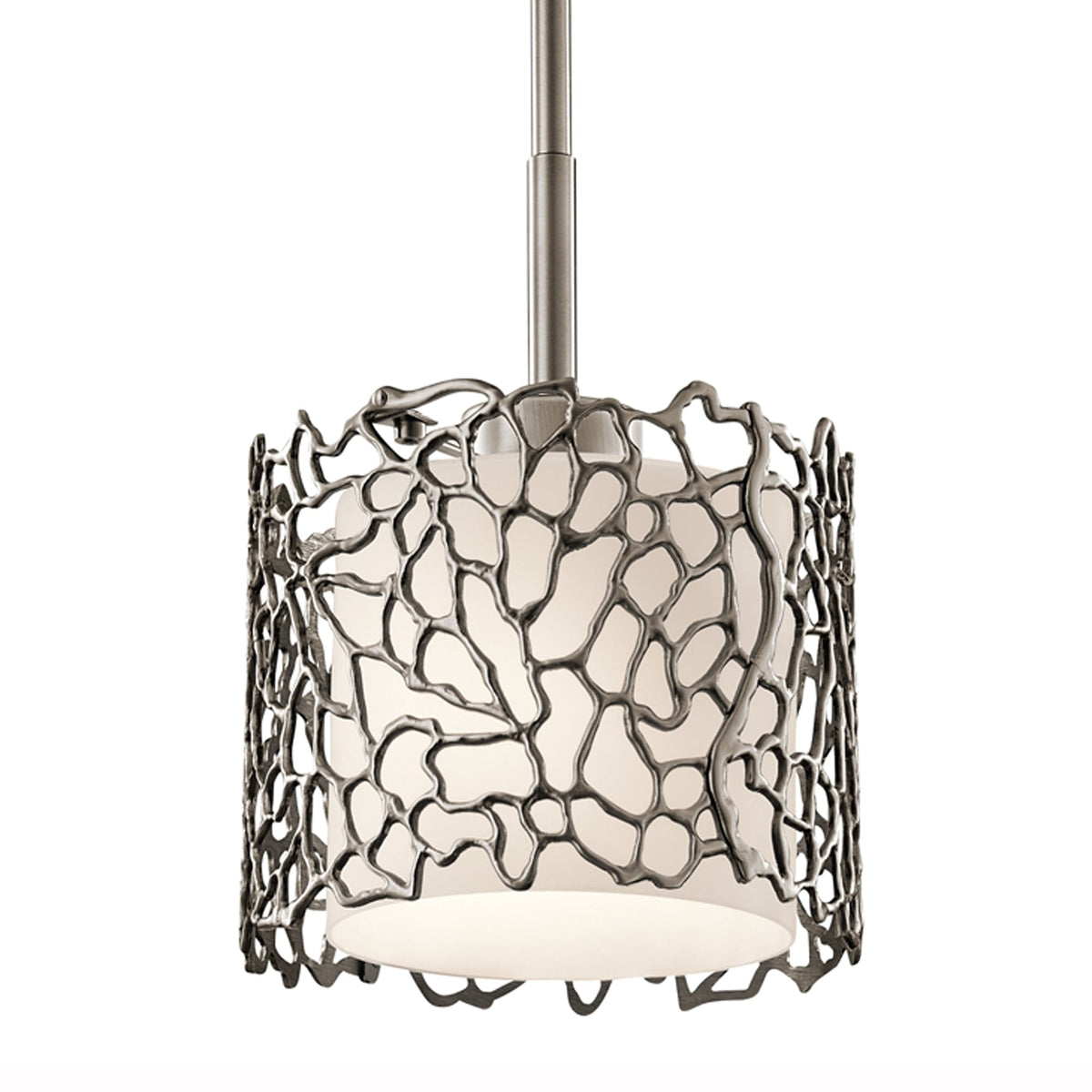 A front view of the decorative metal shade, highlighting its intricate, organic design.