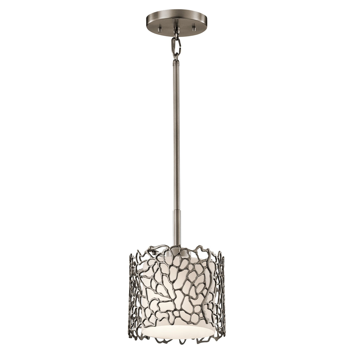 A full-length view of the pendant light, featuring the decorative shade and suspension rod.