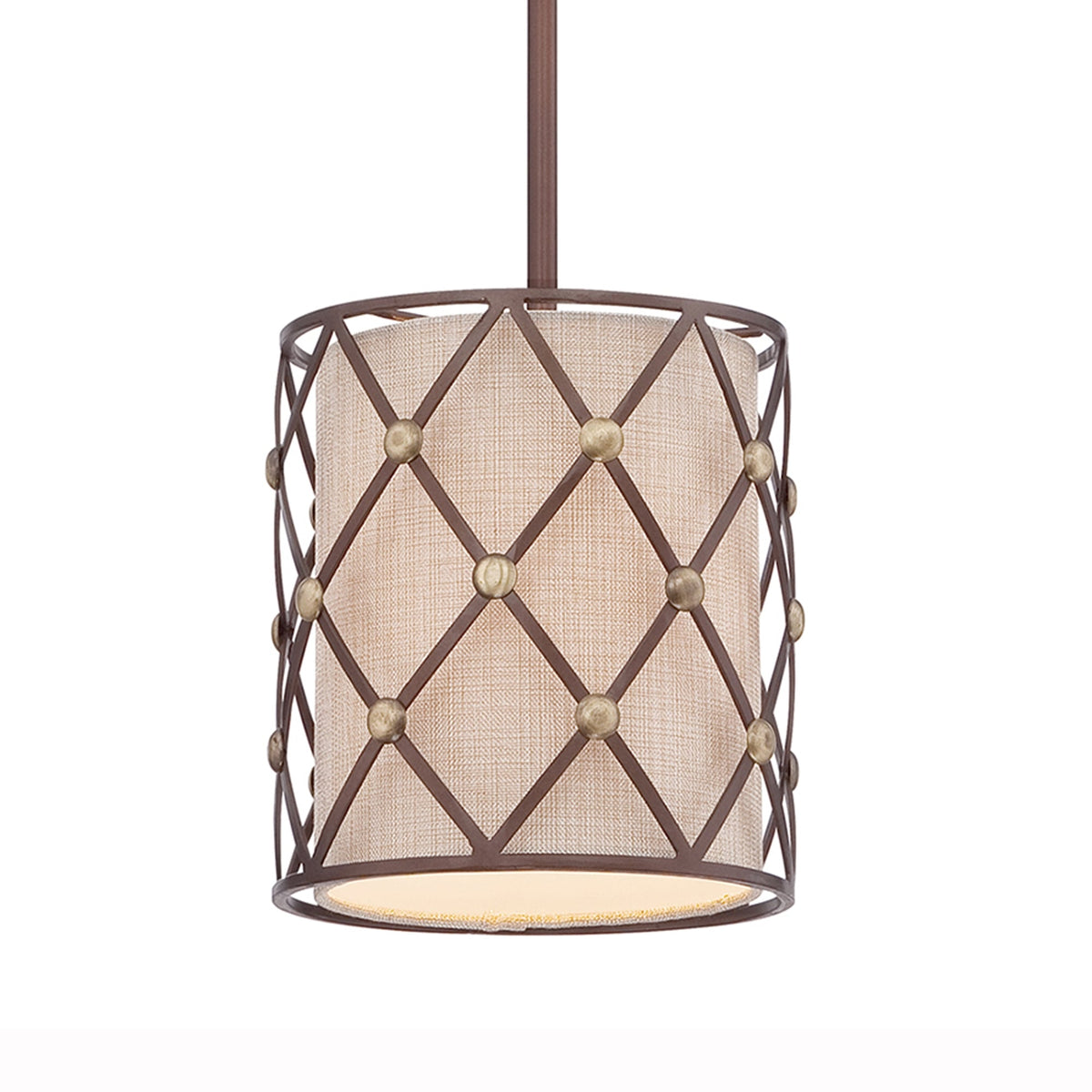 Close-up of a decorative pendant light with a bronze diamond-patterned cage and fabric shade.