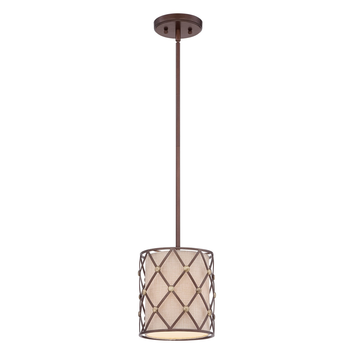 Full view of a decorative pendant light with a bronze diamond-patterned cage and fabric shade.