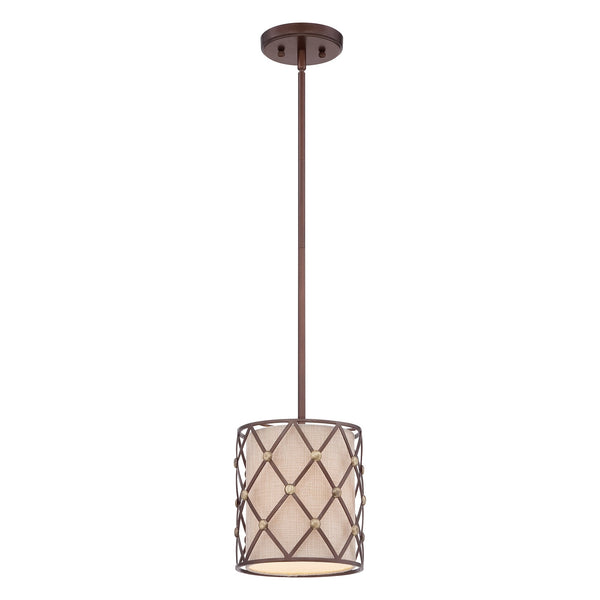 Full view of a decorative pendant light with a bronze diamond-patterned cage and fabric shade.