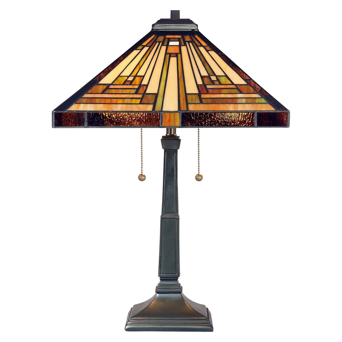 A close-up of a vintage table lamp with a rectangular stained-glass shade on a white background.