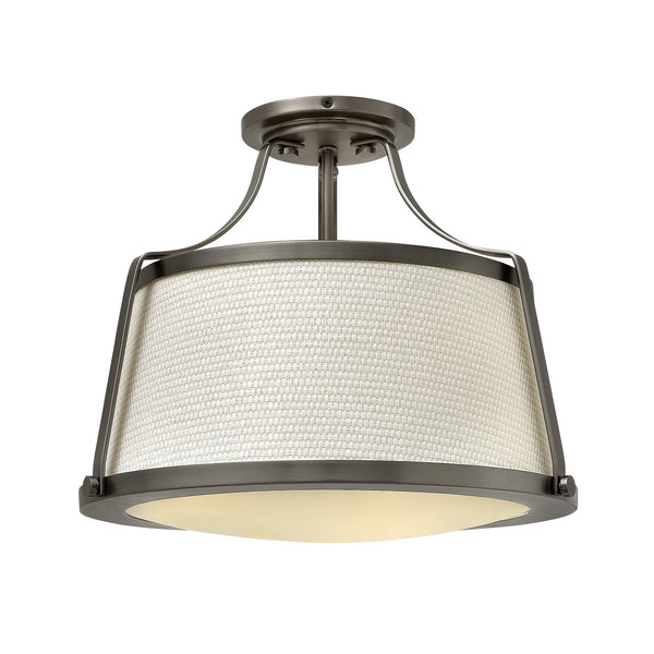 Charlotte Semi Flush Ceiling Light in Antique Nickel with Linen Shade