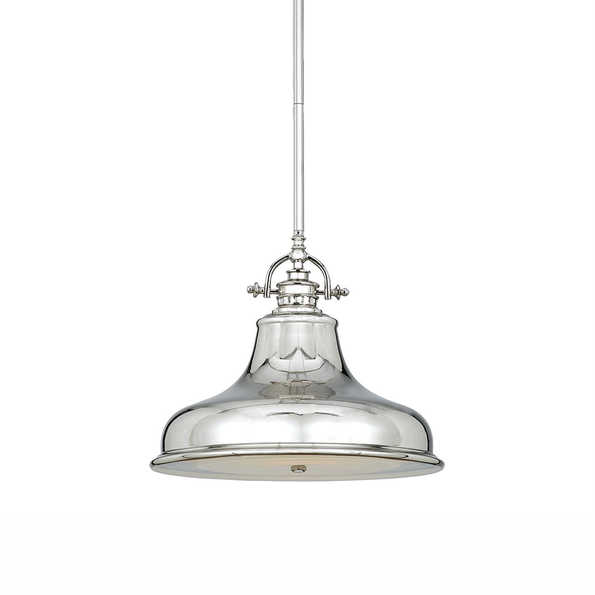 Polished nickel pendant light with a wide, reflective bell-shaped shade on a white background.