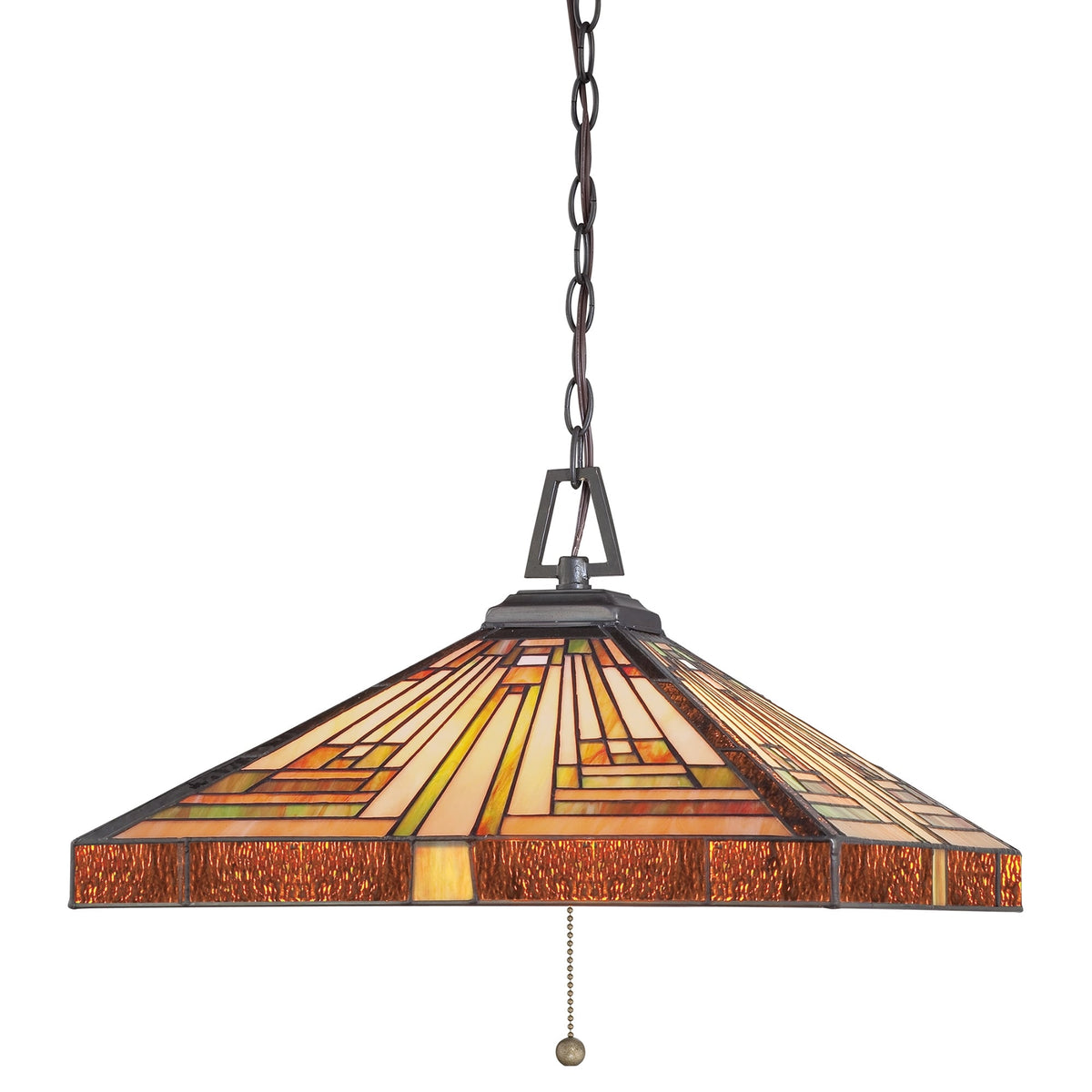 Close-up of a square-shaped Tiffany glass pendant light with a pull chain.