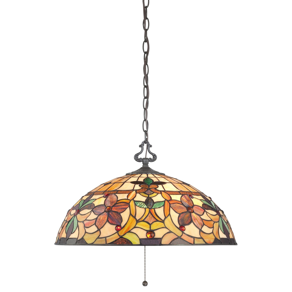 Front view of a dome-shaped stained-glass ceiling light with a detailed floral pattern.