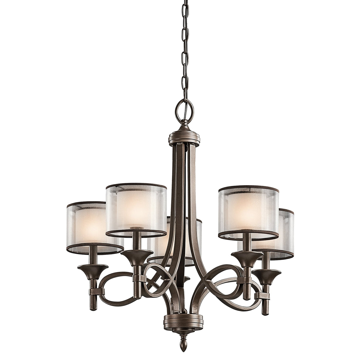 A close-up of a dark bronze five-light chandelier with clear outer shades.