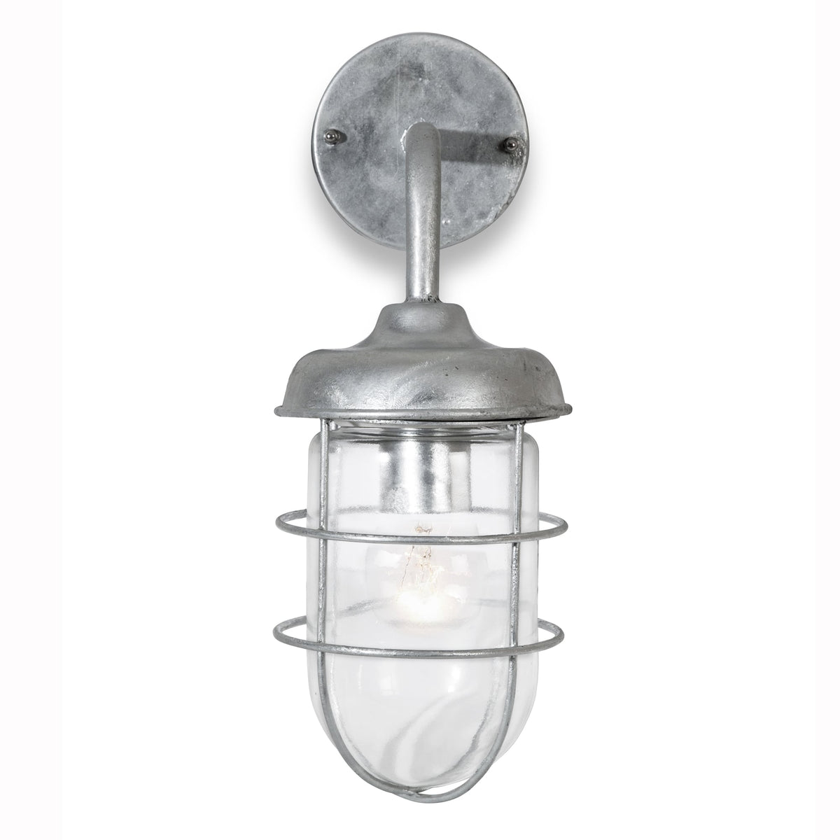A caged outdoor wall light with an exposed bulb, fixed to a white background.