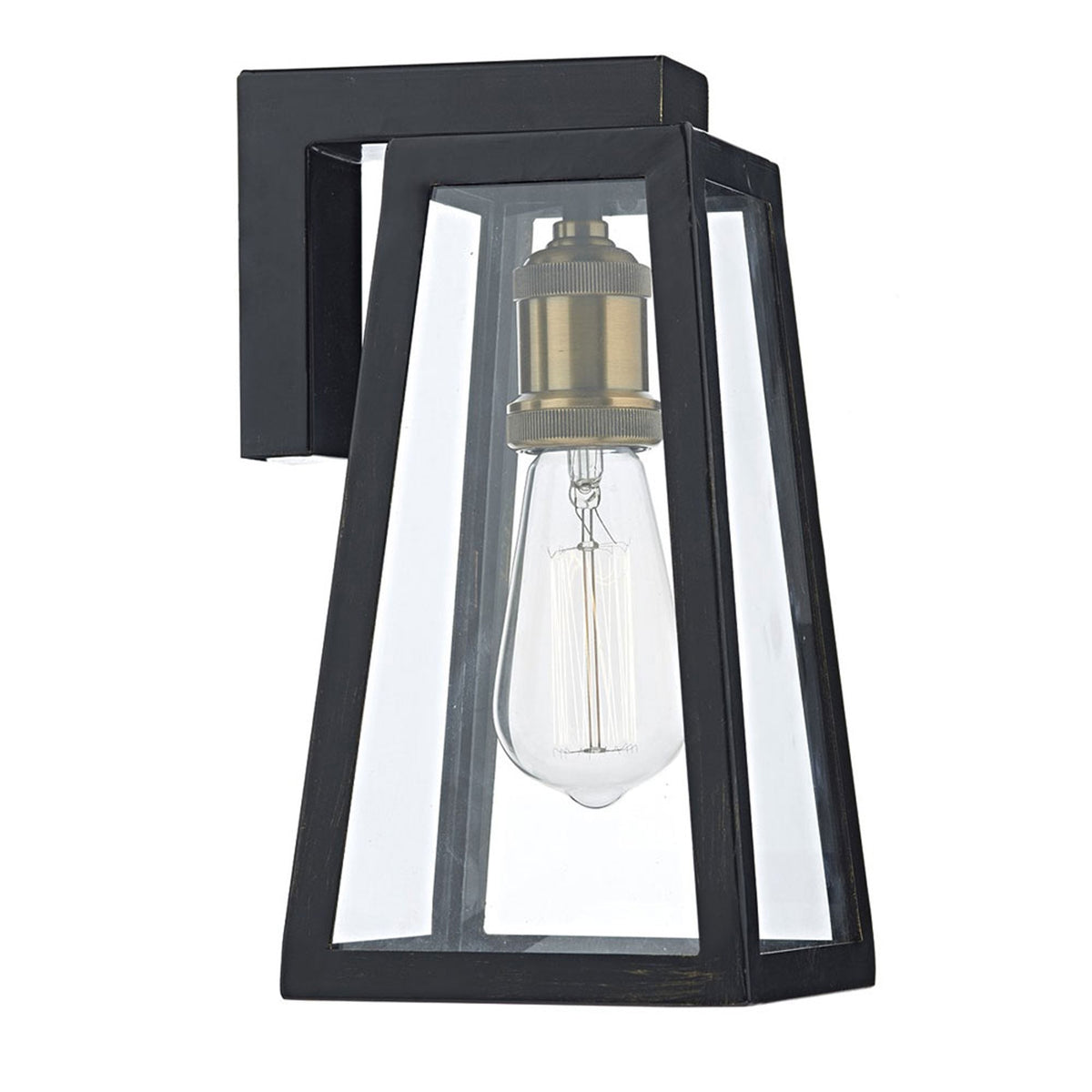 Black outdoor wall light with clear glass panels and an exposed Edison bulb.