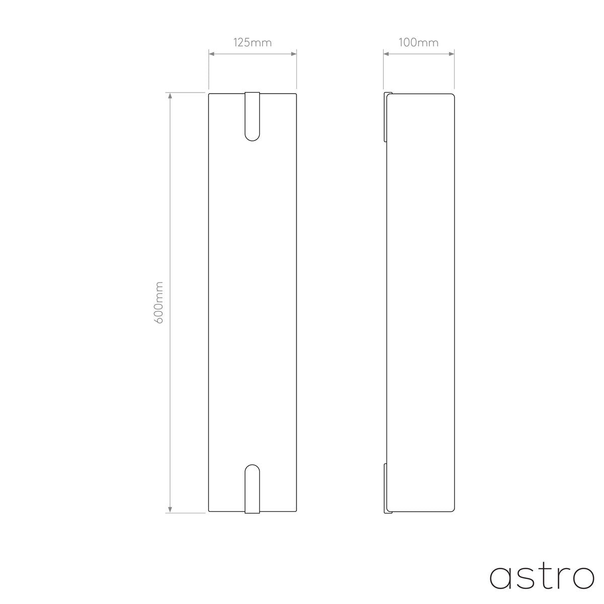 Technical drawing of a rectangular light fixture with dimensions 600mm height, 125mm width, and 100mm depth