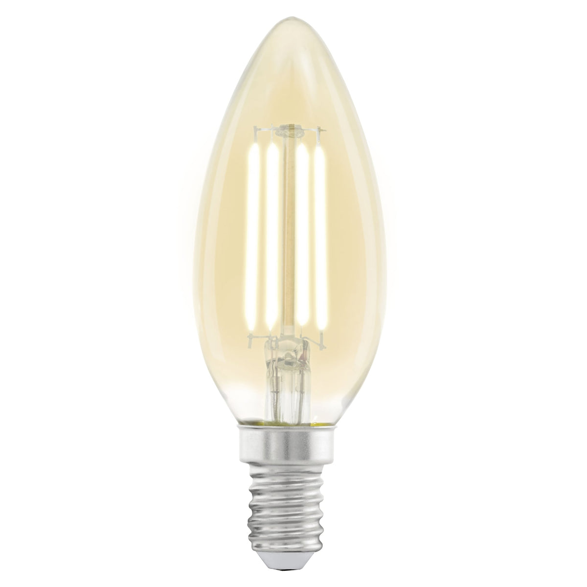 A single E14 LED bulb with a warm glow, standing upright against a white background.