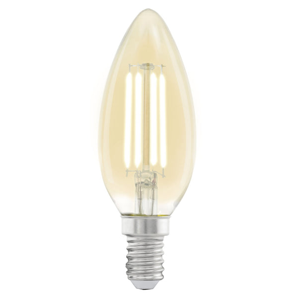 A single E14 LED bulb with a warm glow, standing upright against a white background.