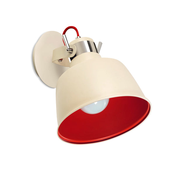 A modern cream wall light with a red inner shade and red flex detail. Perfect for task lighting.