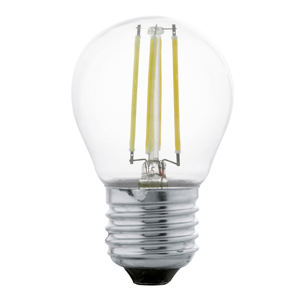 A clear LED light bulb with a screw base.